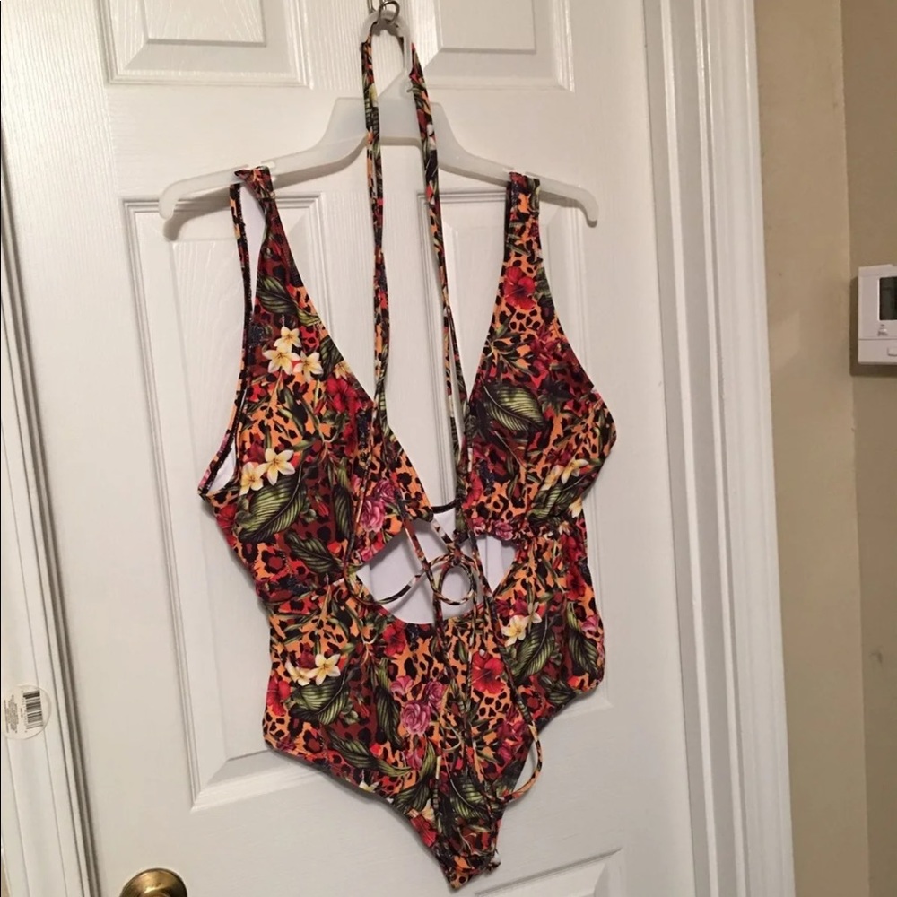 Safari print tie around one piece swimsuit